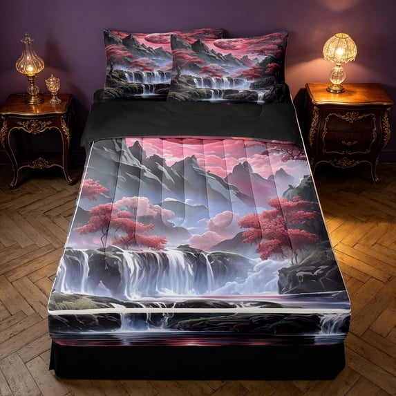 Homewish Japanese Style Zipper Full Size Comforter Sets with Fitted Sheet and 2 Pillowcases, Moon Tree Mountain Waterfall Zipper Bedding Set, Black Reversible