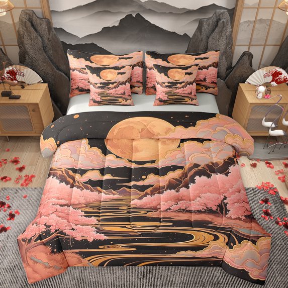 Homewish Japanese Theme 7pcs Bedding Comforter Set,Cherry Blossom Queen Bedding Sets,Pink Sakura Queen Sheet Sets For Men Women,Super Cozy Room Decor Reversible
