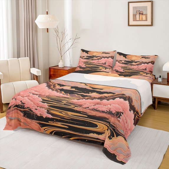 Homewish Japanese Theme Full Size Sheets,Cherry Blossom Bed Sheets,Pink Sakura Sheet Sets For Men Women,Super Cozy Room Decor,4pcs