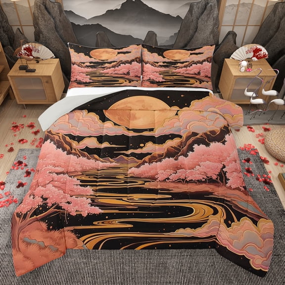 Homewish Japanese Theme Queen Comforter Set,Cherry Blossom Bedding Sets,Pink Sakura Bedding Comforter Set For Men Women,Super Cozy Room Decor Reversible,3-Piece