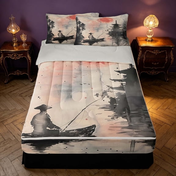 Homewish Japanese Theme Zipper Twin Comforter Sets with Fitted Sheet and 2 Pillowcases, Watercolor Artwork Zipper Bedding Set, Gray Reversible