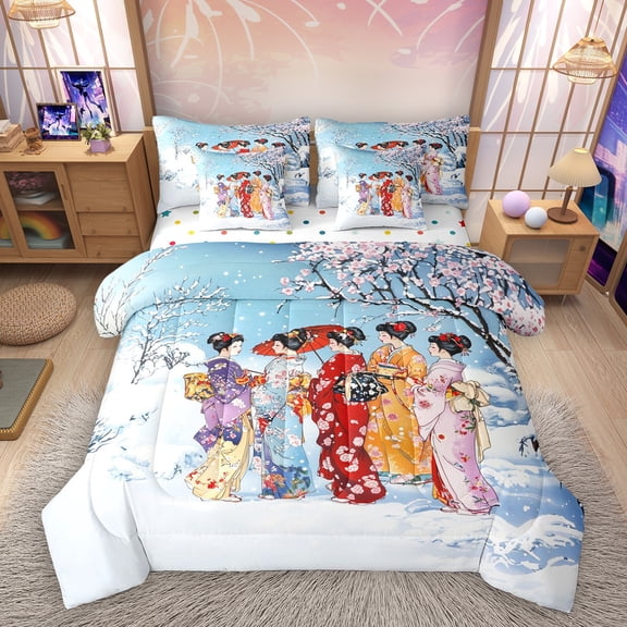 Homewish Japanese Ukiyo-E 7-Piece Twin Bedding Sets,Japan Geisha Girl Bedding Comforter Set,Pink Cherry Blossom Sheet Sets For Kids,Microfiber Bedroom Decor Reversible