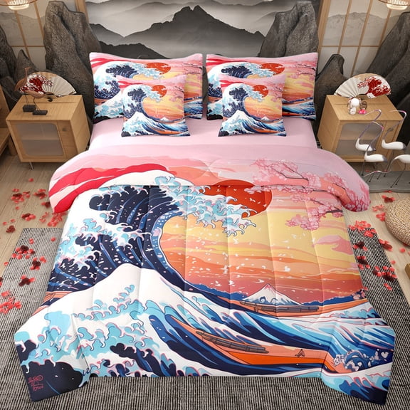 Homewish Japanese Ukiyo-E 7-Piece Twin Bedding Sets,Ocean Sea Wave Bedding Comforter Set,Orange Sunset Sheet Sets For Girl Kids,Luxury Bedroom Decor Reversible