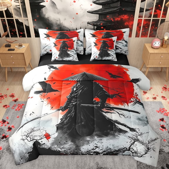 Homewish Japanese Ukiyo-E 7-Piece Twin Bedding Sets,Raven Samurai Bedding Comforter Set,Black Orange Gray Sheet Sets For Adults,Breathable Home Decor Reversible