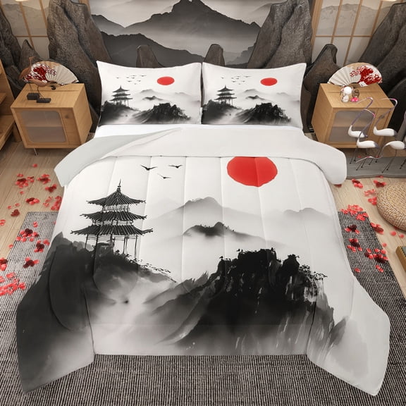 Homewish Japanese Ukiyo-E Bedding Comforter Set,Painting Art Twin Comforter Sets,White Gray Bedding Set For Adults,Breathable Home Decor Reversible,2 Pieces