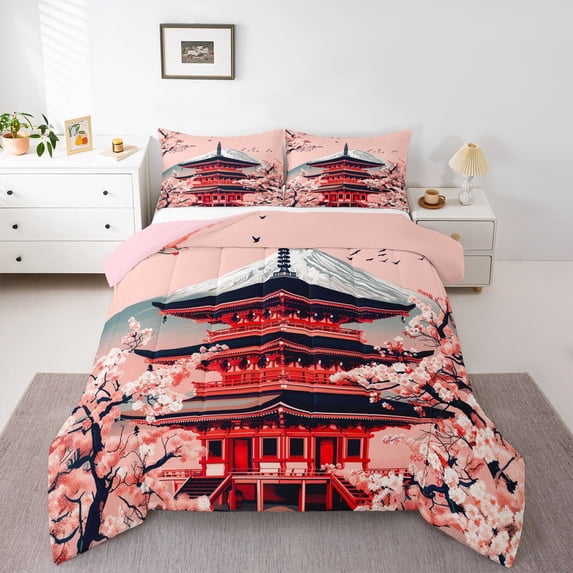 Homewish Japanese Ukiyo-E Bedding Comforter Set,Pink Sakura Twin Comforter Sets,Classic Japan Architecture Bedding Set For Girls Teens,Breathable Home Decor Reversible,2pcs