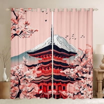 Homewish Japanese Ukiyo-E Black Out Curtains,Pink Sakura Curtains Pack of 2 (42x63 Each),Classic Japan Architecture Bedroom Curtains For Girls Teens,Breathable Home Decor