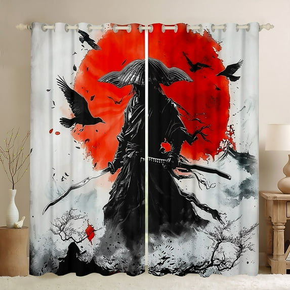 Homewish Japanese Ukiyo-E Blackout Curtains Set of 2 (52x84 Each),Raven Samurai Window Curtains,Black Orange Gray Curtains and Drapes For Adults,Breathable Home Decor