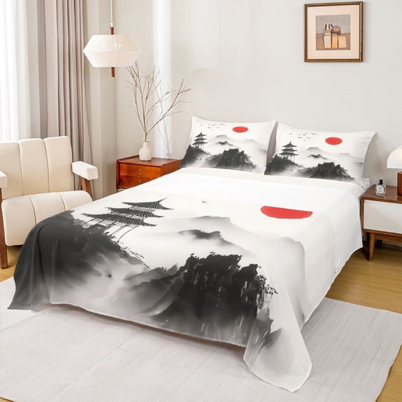 Homewish Japanese Ukiyo-E Twin Sheet Sets,Painting Art Twin Fitted Sheet,White Gray Flat Sheet For Adults,Breathable Home Decor,3 Pieces