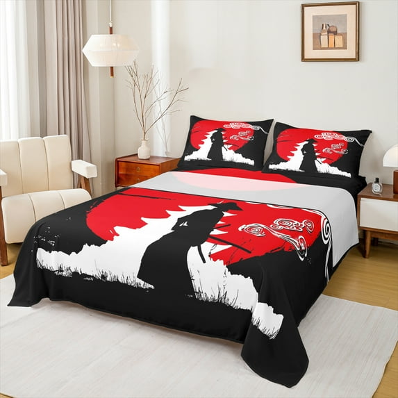 Homewish Japanese Ukiyo-E Twin Sheet Sets,Red Moon Architecture Silhouette Twin Fitted Sheet,Japan Theme Flat Sheet For Boys Kids,Luxury Bedroom Decor,3pcs
