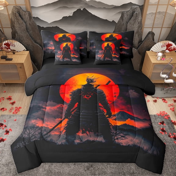 Homewish Japanese Ukiyoe 7-Piece Twin Bedding Sets,Japan Tradition Aesthetic Bedding Comforter Set,Orange Sunset Sheet Sets For Teens,Ultra Soft Home Decor Reversible