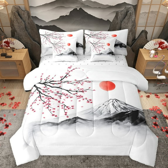 Homewish Japanese Ukiyoe 7-Piece Twin Bedding Sets,Rustic Cherry Blossom Bedding Comforter Set,Pink White Gray Sheet Sets For Girl,Luxury Bedroom Decor Reversible