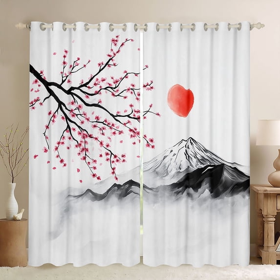 Homewish Japanese Ukiyoe Black Out Curtains,Rustic Cherry Blossom Curtains Pack of 2 (42x63 Each),Pink White Gray Bedroom Curtains For Girl,Luxury Bedroom Decor