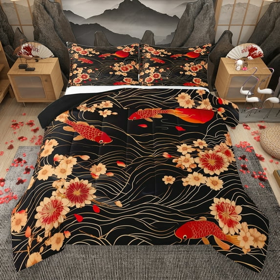 Homewish Japanese Ukiyoe Fish Full Size Comforter Sets,Retro Rustic Flower Bedding Comforter Set,Sea Waves Pattern Bedding Sets For Adult,Ultra Soft Home Decor Reversible,3-Piece