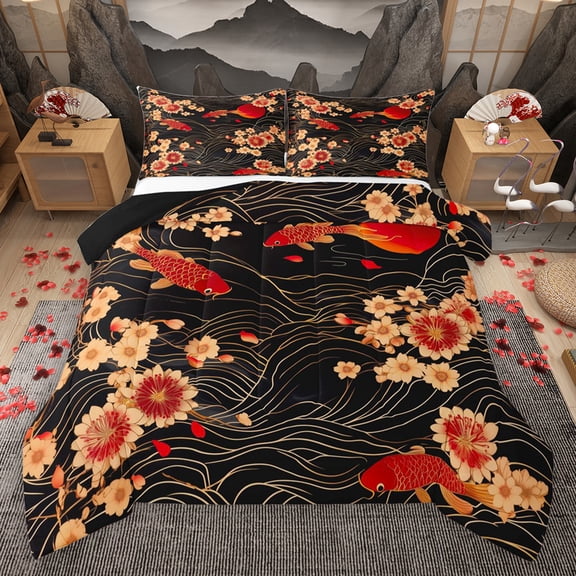 Homewish Japanese Ukiyoe Fish Queen Comforter Set,Retro Rustic Flower Bedding Sets,Sea Waves Pattern Bedding Comforter Set For Adult,Ultra Soft Home Decor Reversible,3 Pieces