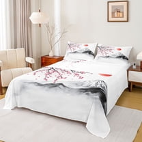 Homewish Japanese Ukiyoe Twin Sheet Sets,Rustic Cherry Blossom Twin Fitted Sheet,Pink White Gray Flat Sheet For Girl,Luxury Bedroom Decor,3pcs
