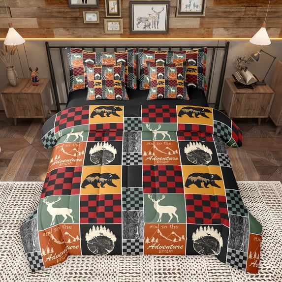Homewish Jungle Adventure Kids Bedding Comforter Set 7 Pieces, Red Orange Patchwork Full Bedding Set, Rustic Bear Deer Reversible Fitted Sheet Flat Sheet, Ultra Soft Bedroom Decor