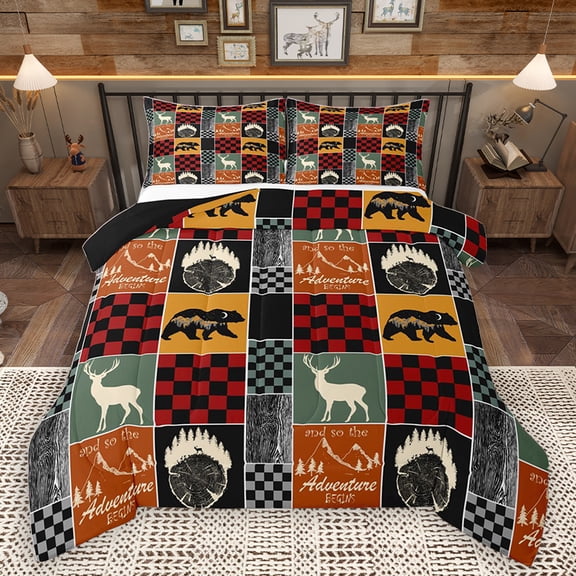 Homewish Jungle Adventure Kids Bedding Comforter Set, Red Orange Patchwork Twin Comforter Sets, Rustic Bear Deer Reversible Bedding Set, Ultra Soft Bedroom Decor, 2-Piece