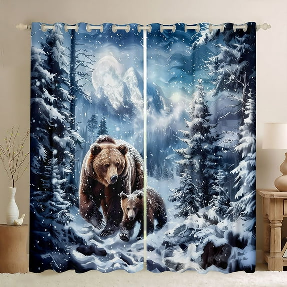 Homewish Jungle Animal Bear Curtains Pack of 2 (42x84 Each),Winter Snow Pine Curtains Blackout,White Green Brown Bedroom Curtains For Boys Kids,Luxury Bedroom Decor