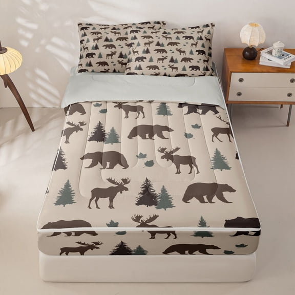 Homewish Jungle Animal Bear Deer Zipper Twin Comforter Sets with Fitted Sheet and 2 Pillowcases For Boys,Rustic Farmhouse Hunting Zipper Bedding Set For Boy,Lightgray Reversible,4-Piece