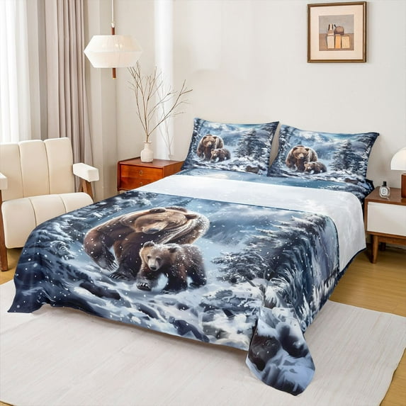 Homewish Jungle Animal Bear Full Size Sheets,Winter Snow Pine Bed Sheets,White Green Brown Sheet Sets For Boys Kids,Luxury Bedroom Decor,4 Pieces