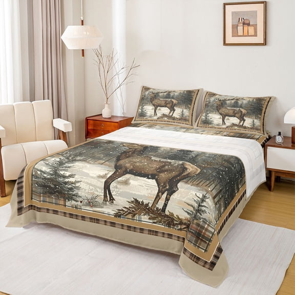 Homewish Jungle Animal Deer 4 Pieces Queen Sheet Sets for Female Men Women,Vintage Woodland Wildlife Ultra Soft Flat Sheet,Geometric Plaid Grid Queen Fitted Sheet,Breathable Home Decor