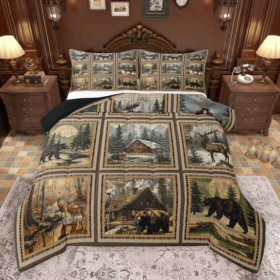 Homewish Jungle Animal Deer Bear 3 Pieces Queen Comforter Set for Female Men Women,Vintage Cabin Cottage Ultra Soft Bedding Sets,Geometric Plaid Grid Bedding Comforter Set Breathable