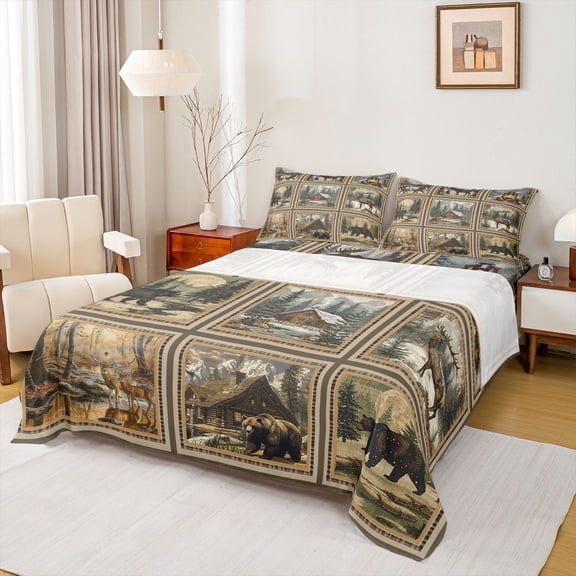 Homewish Jungle Animal Deer Bear Full Size Sheets 4-Piece for Female Men Women,Vintage Cabin Cottage Breathable Bed Sheets,Geometric Plaid Grid Lightweight Sheet Sets,Breathable Home Decor