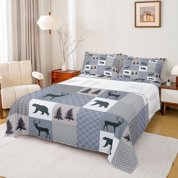 Homewish Jungle Animal Deer Bear Twin Sheet Sets 3pcs for Kids Boys Girls,Geometric Plaid Grid Twin Fitted Sheet Microfiber,Blue Grey Breathable Flat Sheet,Luxury Bedroom Decor
