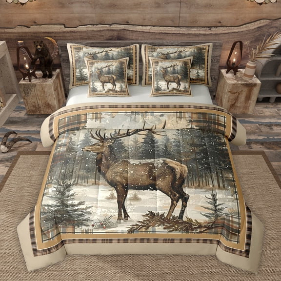 Homewish Jungle Animal Deer Bedding Comforter Set 7 Pieces for Female Men Women,Vintage Woodland Wildlife Full Bedding Set Lightweight,Geometric Plaid Grid Fitted Sheet Flat Sheet