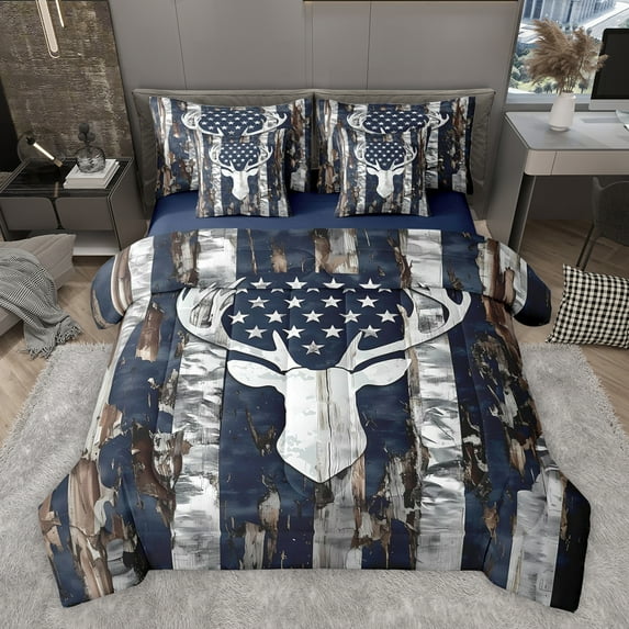 Homewish Jungle Animal Deer Bedding Comforter Set 7 Pieces for Teenagers,Retro American Flag Full Bedding Set Lightweight,Abstract Vintage Aesthetic Fitted Sheet Flat Sheet,Super Cozy Room Decor