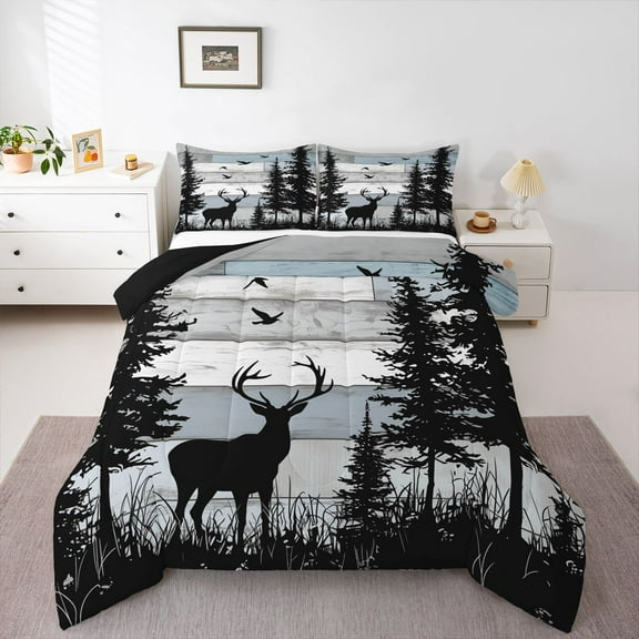 Homewish Jungle Animal Deer Bedding Comforter Set,Rustic Farmhouse Cabin Twin Comforter Sets,Old Barn Door Bedding Set For Boys Teens,Microfiber Bedroom Decor Reversible,2 Pieces