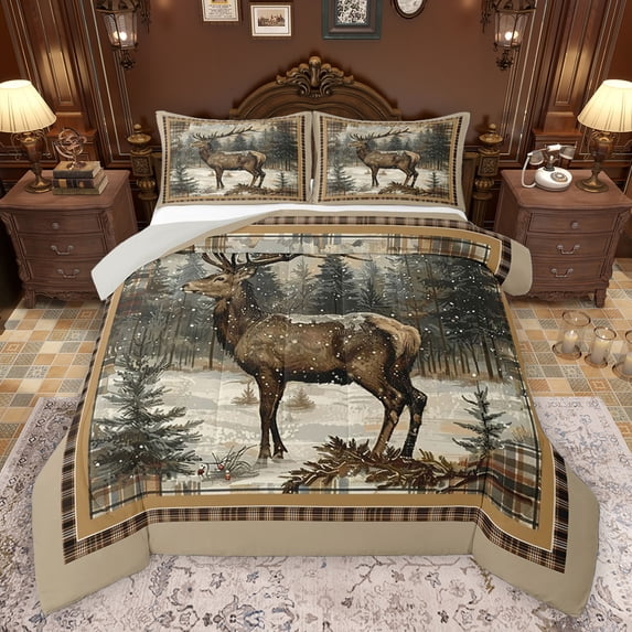 Homewish Jungle Animal Deer Full Size Comforter Sets 3-Piece for Female Men Women,Vintage Woodland Wildlife Bedding Comforter Set,Geometric Plaid Grid Lightweight Bedding Sets