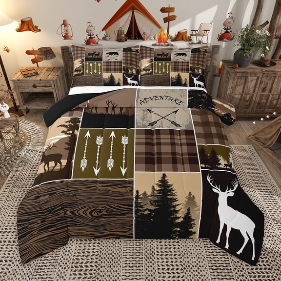 Homewish Jungle Animal Deer R Bedding Comforter Set,Woodland Animal Twin Comforter Sets,Brown Black Bedding Set For Men Women,Microfiber Bedroom Decor Reversible,2-Piece