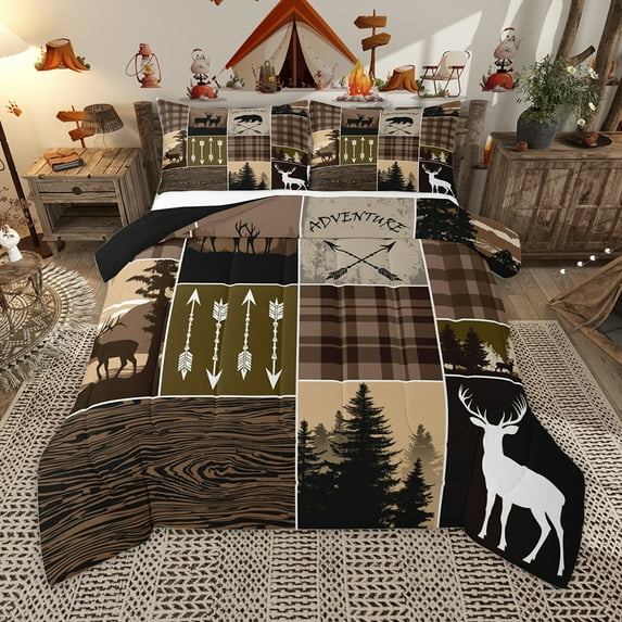 Homewish Jungle Animal Deer R Bedding Comforter Set,Woodland Animal Twin Comforter Sets,Brown Black Bedding Set For Men Women,Microfiber Bedroom Decor Reversible,2-Piece