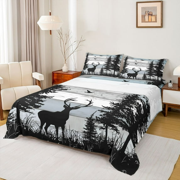 Homewish Jungle Animal Deer Twin Sheet Sets,Rustic Farmhouse Cabin Twin Fitted Sheet,Old Barn Door Flat Sheet For Boys Teens,Microfiber Bedroom Decor,3 Pieces