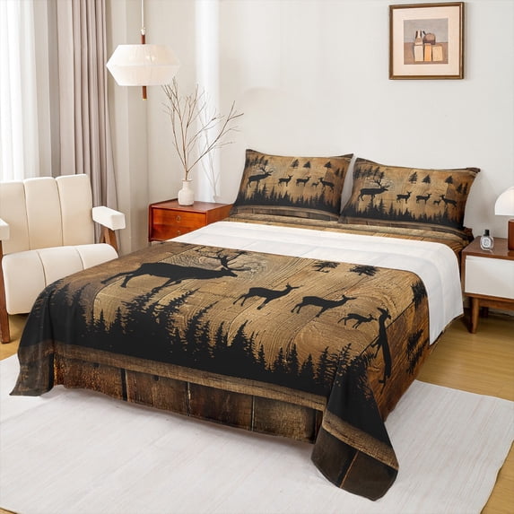 Homewish Jungle Animal Deer Twin Sheet Sets,Rustic Farmhouse Cabin Twin Fitted Sheet,Old Barn Door Flat Sheet For Kids,Ultra Soft Home Decor,3 Pieces