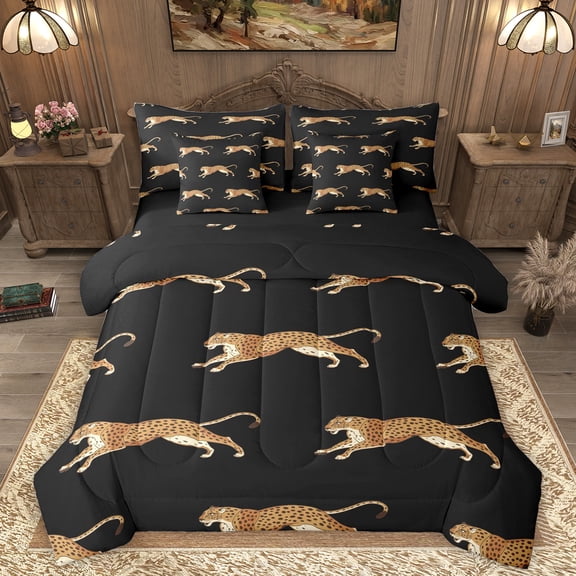 Homewish Jungle Animal Leopard 7-Piece Twin Bedding Sets,Safari Cheetah Bedding Comforter Set,Brown Black Sheet Sets For Boy,Super Cozy Room Decor Reversible