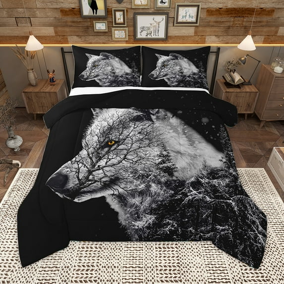 Homewish Jungle Animal Wolf Full Size Comforter Sets,Howling Wolves Bedding Comforter Set,Gray Black Bedding Sets For Boys Kids,Luxury Bedroom Decor Reversible,3 Pieces