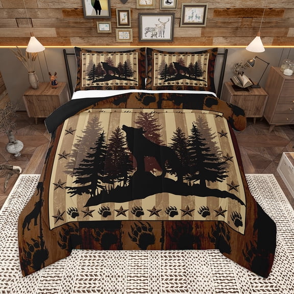 Homewish Jungle Animal Wolf Queen Comforter Set,Howling Wolves Bedding Sets,Brown Beige Bedding Comforter Set For Adults,Ultra Soft Home Decor Reversible,3 Pieces