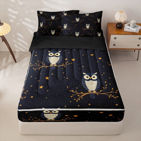 Homewish Jungle Animals Owl Zipper Twin Comforter Sets with Fitted Sheet and 2 Pillowcases,Galaxy Starry Night Zipper Bedding Set For Boys Kids,Reversible,4 Pieces