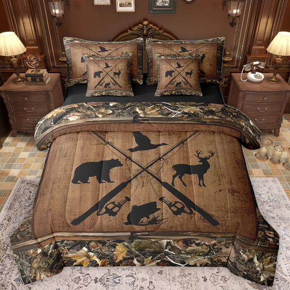 Homewish Jungle Bear Deer 7-Piece Bedding Comforter Set,Pike Fish King Bedding Sets,Rustic Farmhouse Cabin Bed Sheets For Boys Teens,Breathable Home Decor Reversible