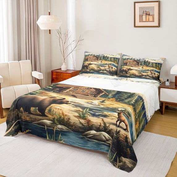 Homewish Jungle Bear Deer Bed Sheets,Country Farmhouse Lodge King Sheets,Hello Fall Sheet Set For Teens,Ultra Soft Home Decor,4pcs