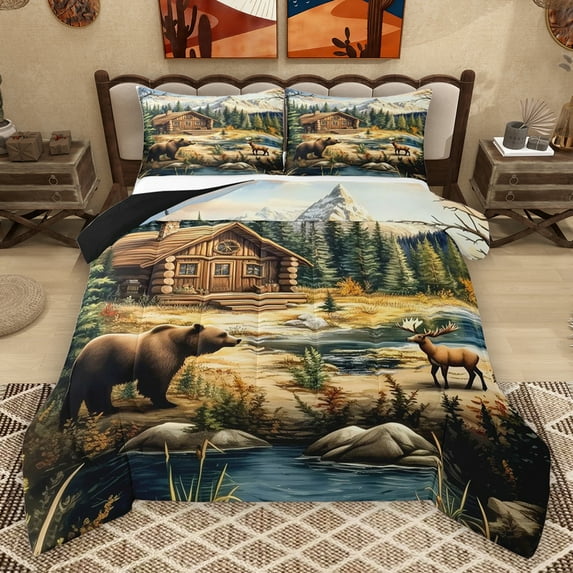 Homewish Jungle Bear Deer Queen Comforter Set,Country Farmhouse Lodge Bedding Sets,Hello Fall Bedding Comforter Set For Teens,Ultra Soft Home Decor Reversible,3 Pieces