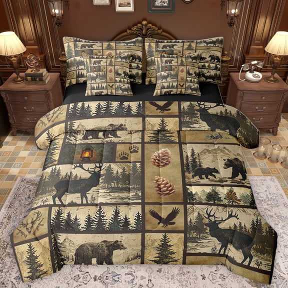 Homewish Jungle Bear Elk 7-Piece Twin Bedding Sets,Rustic Pine Cone Bedding Comforter Set,Retro Bull Skull Sheet Sets For Boys Teens,Ultra Soft Home Decor Reversible