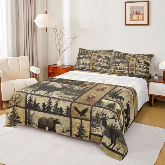 Homewish Jungle Bear Elk Bed Sheets,Rustic Pine Cone King Sheets,Retro Bull Skull Sheet Set For Boys Teens,Ultra Soft Home Decor,4-Piece