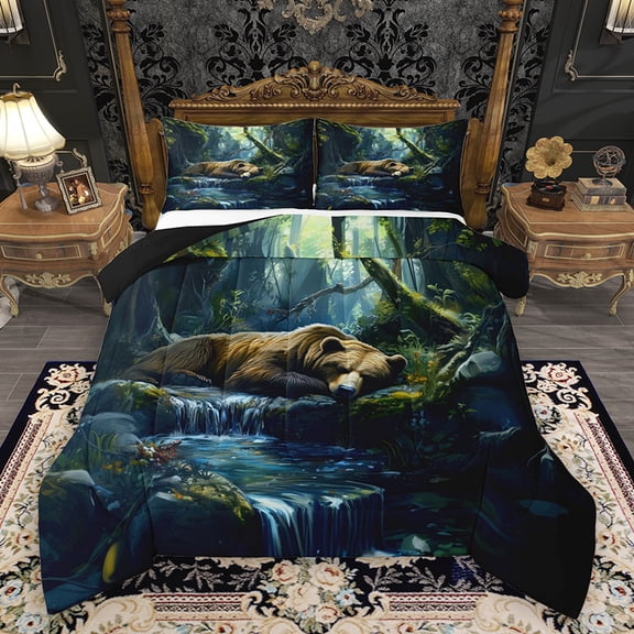 Homewish Jungle Bear Print Queen Comforter Set, Mystic Rustic Nature Bedding Sets, Woodland Wildlife Reversible Bedding Comforter Set, Ultra Soft Bedroom Decor, 3-Piece