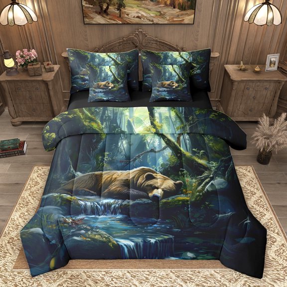 Homewish Jungle Bear Print Twin Bedding Sets 7-Piece, Mystic Rustic Nature Bedding Comforter Set, Woodland Wildlife Reversible Sheet Sets, Ultra Soft Bedroom Decor