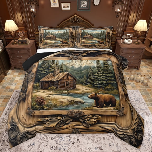 Homewish Jungle Brown Bear Bedding Comforter Set for Boys, Wooden Plank Cabin Twin Comforter Sets, Tribal Rustic Farmhouse Reversible Bedding Set, Microfiber Bedroom Decor, 2pcs