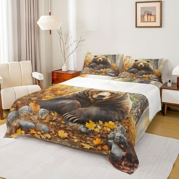 Homewish Jungle Brown Bear Twin Sheet Sets for Men, Rustic Rustic Wildlife Twin Fitted Sheet, Maple Leaf Botanical Flat Sheet, Super Cozy Room Decor, 3-Piece